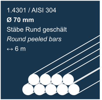 Edelstahlstäbe rund geschält aus 1.4301 (304), 70mm Durchmesser, 6000 mm lang, auf dunkelblauem Hintergrund abgebildet